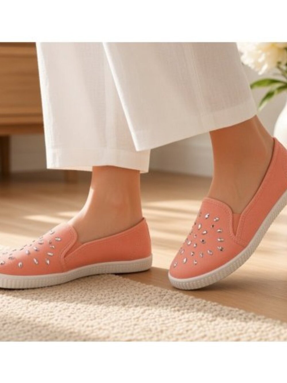Coral Rhinestone Embellished Canvas Casual Slip On Shoes Ladies Size 8